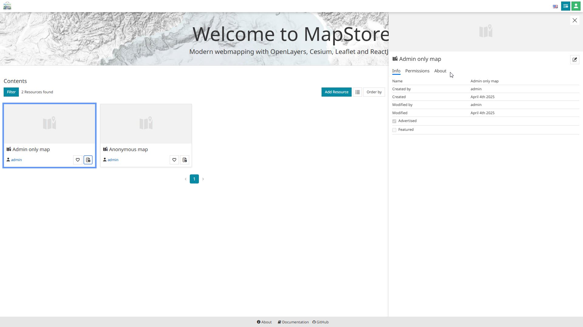 Resource properties showing permissions and metadata